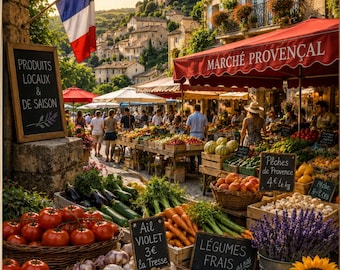 French Market Wall Art, Provence Village Print, Rustic European Farmers Market Decor