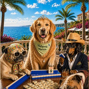 May include: A framed print featuring a humorous scene of dogs playing mahjong. A golden retriever wears a bandana that says "Mahjong Maven." Other dogs include a pug, dachshund, and bulldog. The print is set against a backdrop of a tropical ocean view.