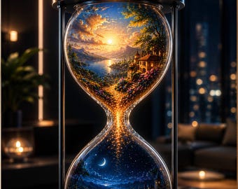 Day to Night Hourglass Wall Art, Modern Fantasy Decor, Magical Sunset Moonlight Artwork, Surreal Dreamscape Print