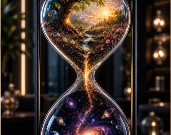 Life to Cosmos Hourglass Wall Art, Fantasy Universe Artwork, Surreal Galaxy Decor, Celestial Dreamscape Print