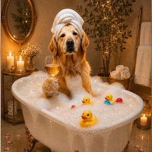 May include: A framed print depicts a Golden Retriever in a bubble bath, wearing a towel on its head and holding a glass of wine. The dog is surrounded by bubbles and rubber duckies in a clawfoot tub. The bathroom setting includes candles and a mirror.