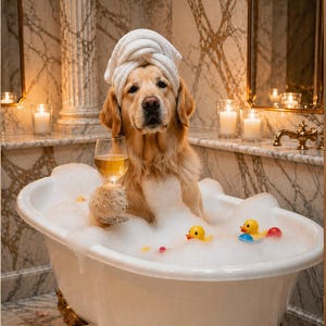 Golden Retriever in Bubble Bath Wall Art, Funny Dog Bathroom Decor, Cute Golden Retriever Printable, Dog Lover Gift