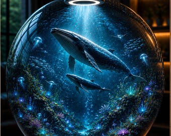 Whale Terrarium Wall Art, Fantasy Underwater Ocean Print, Glowing Aquarium Galaxy Decor
