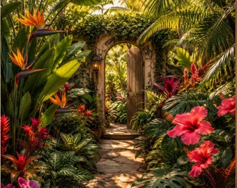 Tropical Garden Wall Art, Exotic Botanical Print, Lush Jungle Pathway Decor