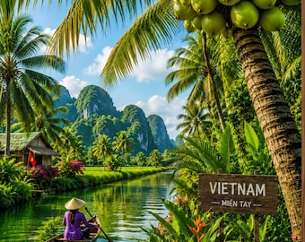 Vietnam Coconut Grove Wall Art, Tropical River Landscape Print, Southeast Asia Travel Decor
