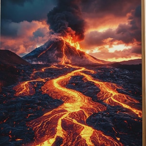 Volcano Lava Sunset Canvas Print, Dramatic Landscape Art