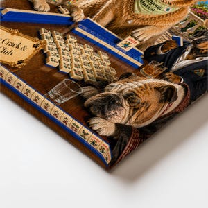 May include: A wooden artwork depicts a game of Mahjong with animal characters. A bulldog wears glasses and a suit, while a cat wears a bandana. Mahjong tiles, shot glasses, and a sign that reads "Crack & Club" are visible.