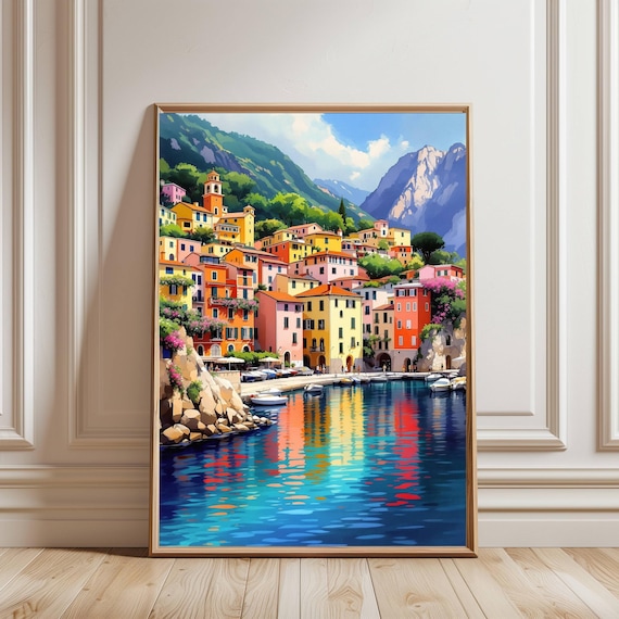 Portofino Wall Art for Living Room, Italian Harbor Village Print, Colorful Mediterranean Canvas, Impressionist Coastal Decor Italy Gift