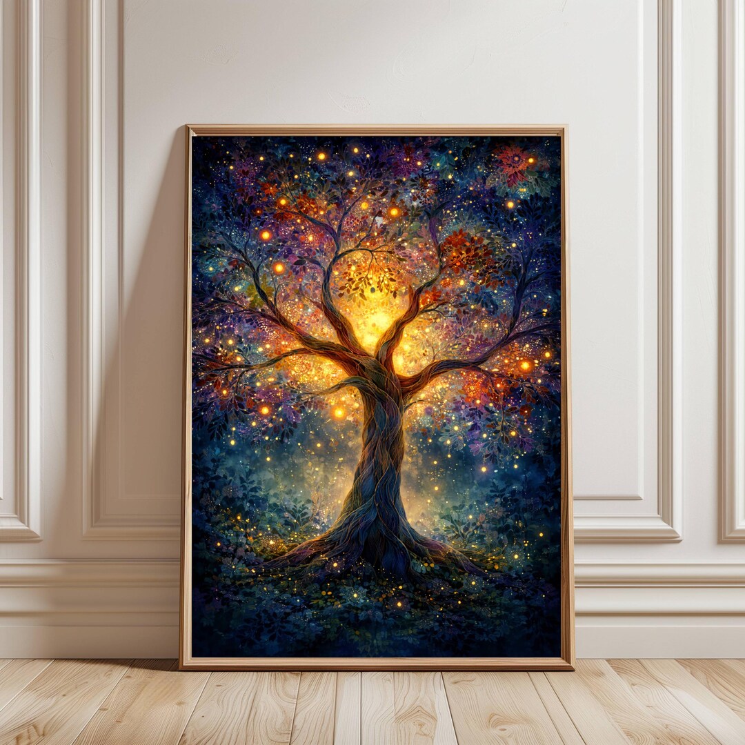 Mystical Tree of Life Wall Art Print, Colorful Fantasy Night Sky ...