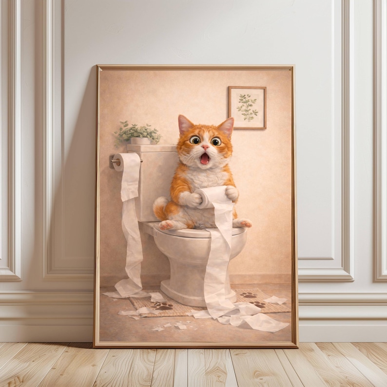 Funny Cat Toilet Paper Bathroom Art Print, Whimsical Humor Decor - Etsy