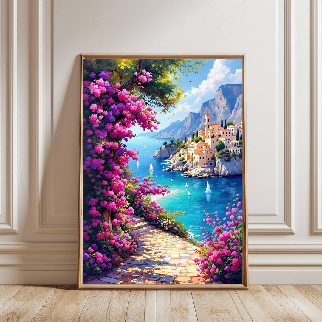 Mediterranean Coastal Art for Living Room, Italian Seaside Village ...