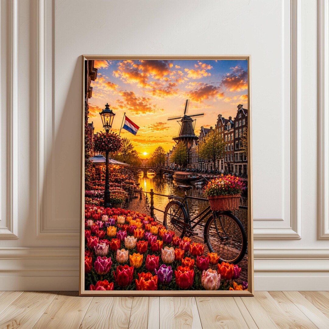 Amsterdam Tulip Canal Wall Art, Netherlands Sunset Print, Dutch ...