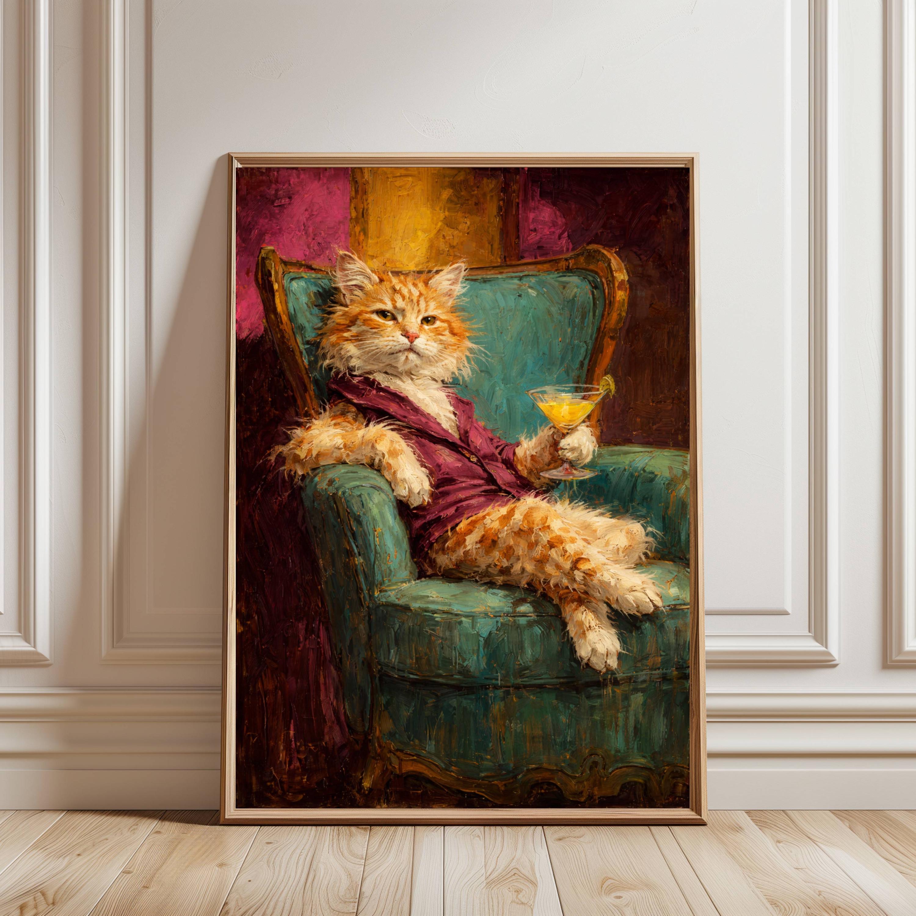 Vintage Orange Tabby Cat Wall Art Print, Martini Oil Painting, Moody ...