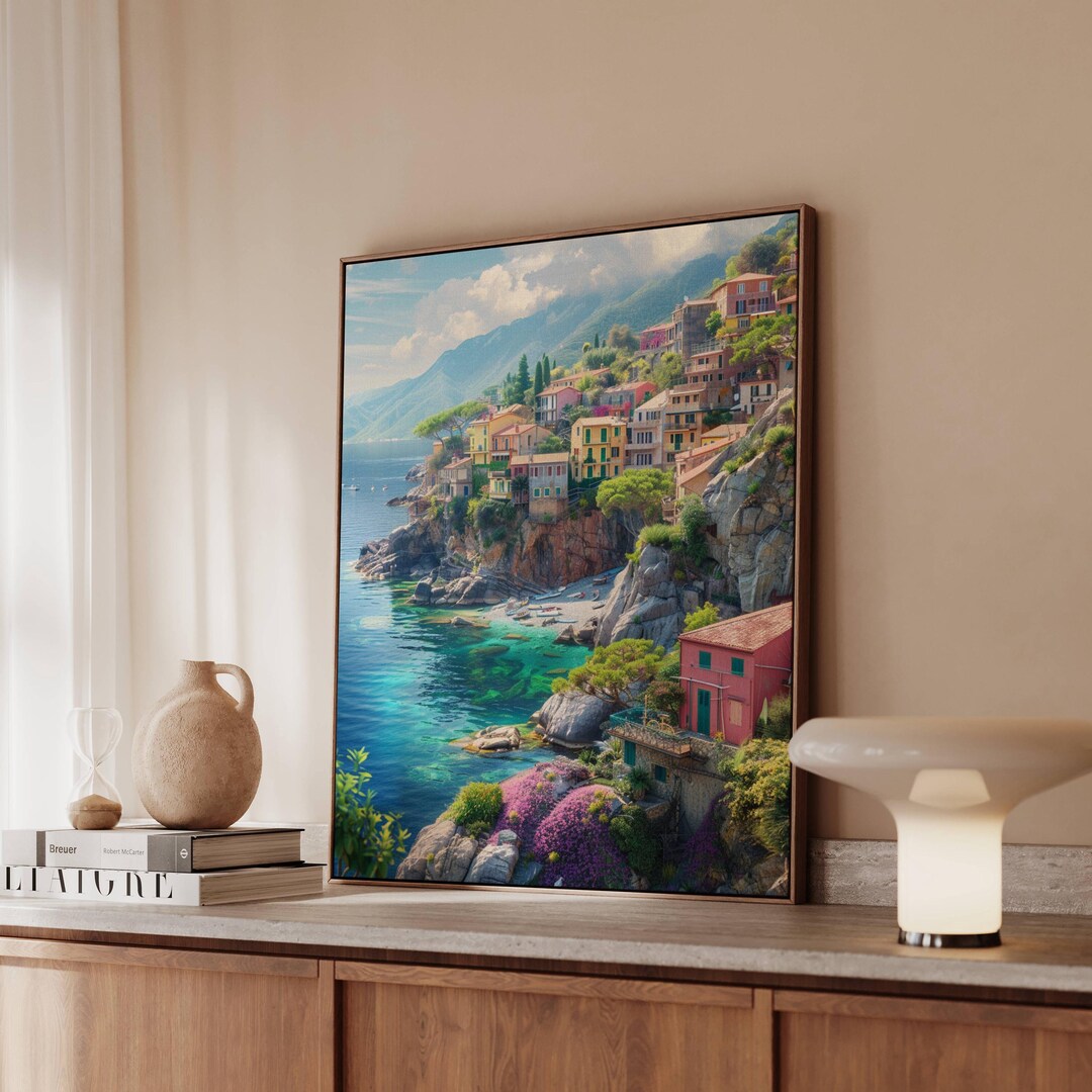Italian Coastal Village Art Print, Mediterranean Cliffside Landscape - Etsy