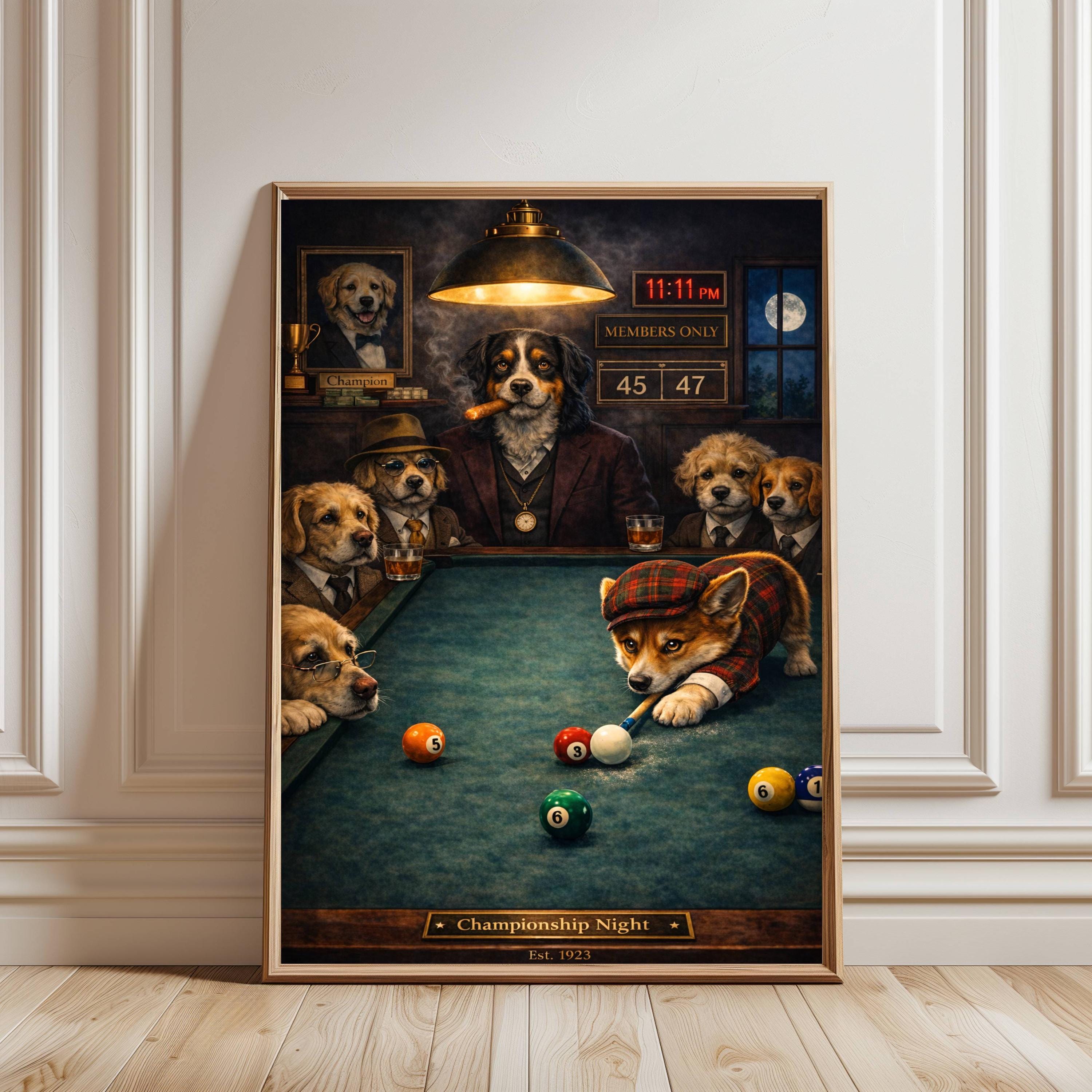 Tenture Murale Chiens Jouant Au Billard – 34 X 57 Pouces – Couleurs Vives – Vintage