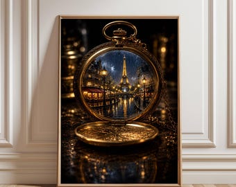 Paris Pocket Watch Wall Art, Romantic Eiffel Tower Rain Scene Print, Vintage Gold Timepiece Decor