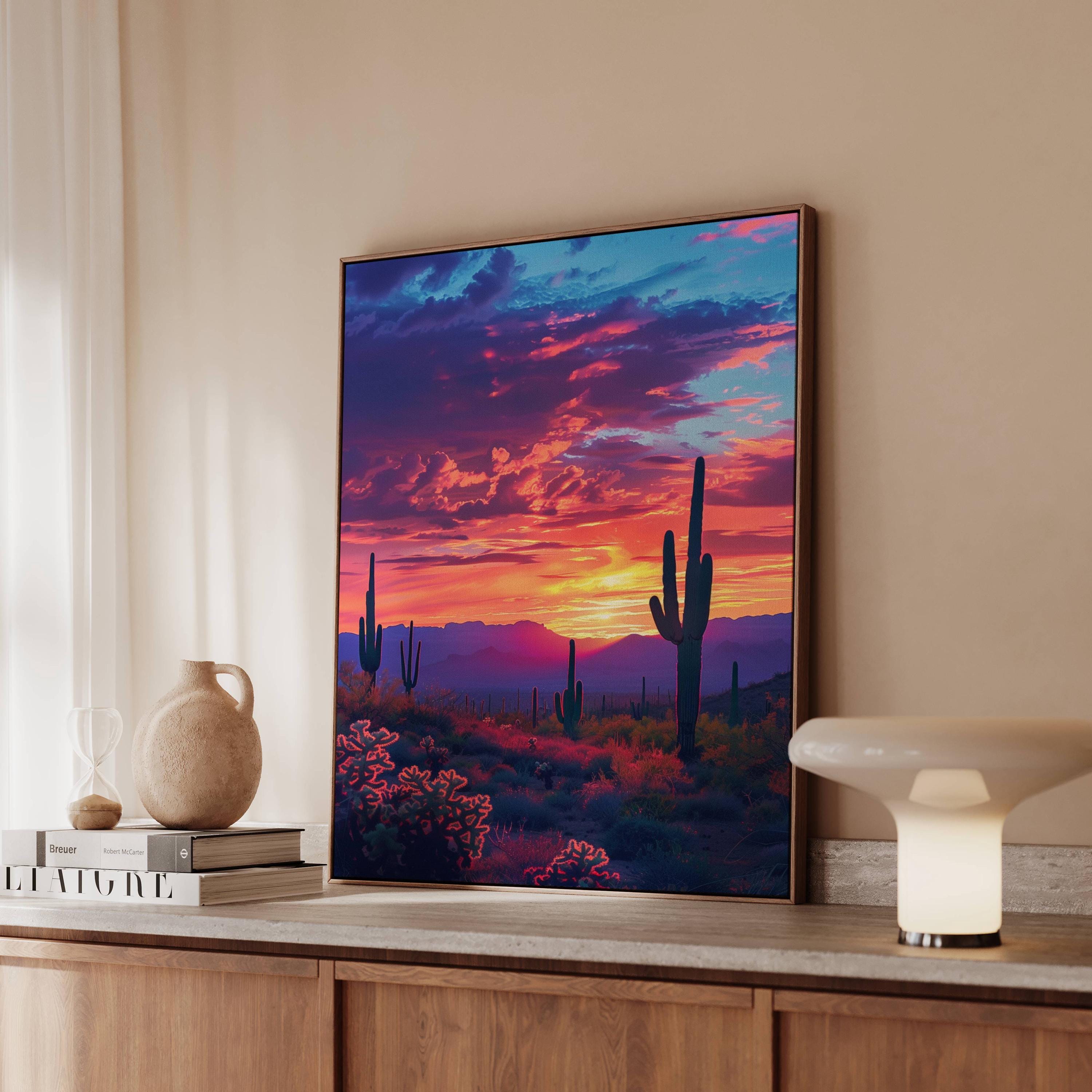 Vibrant Desert Sunset Wall Art Print, Arizona Cactus Landscape ...