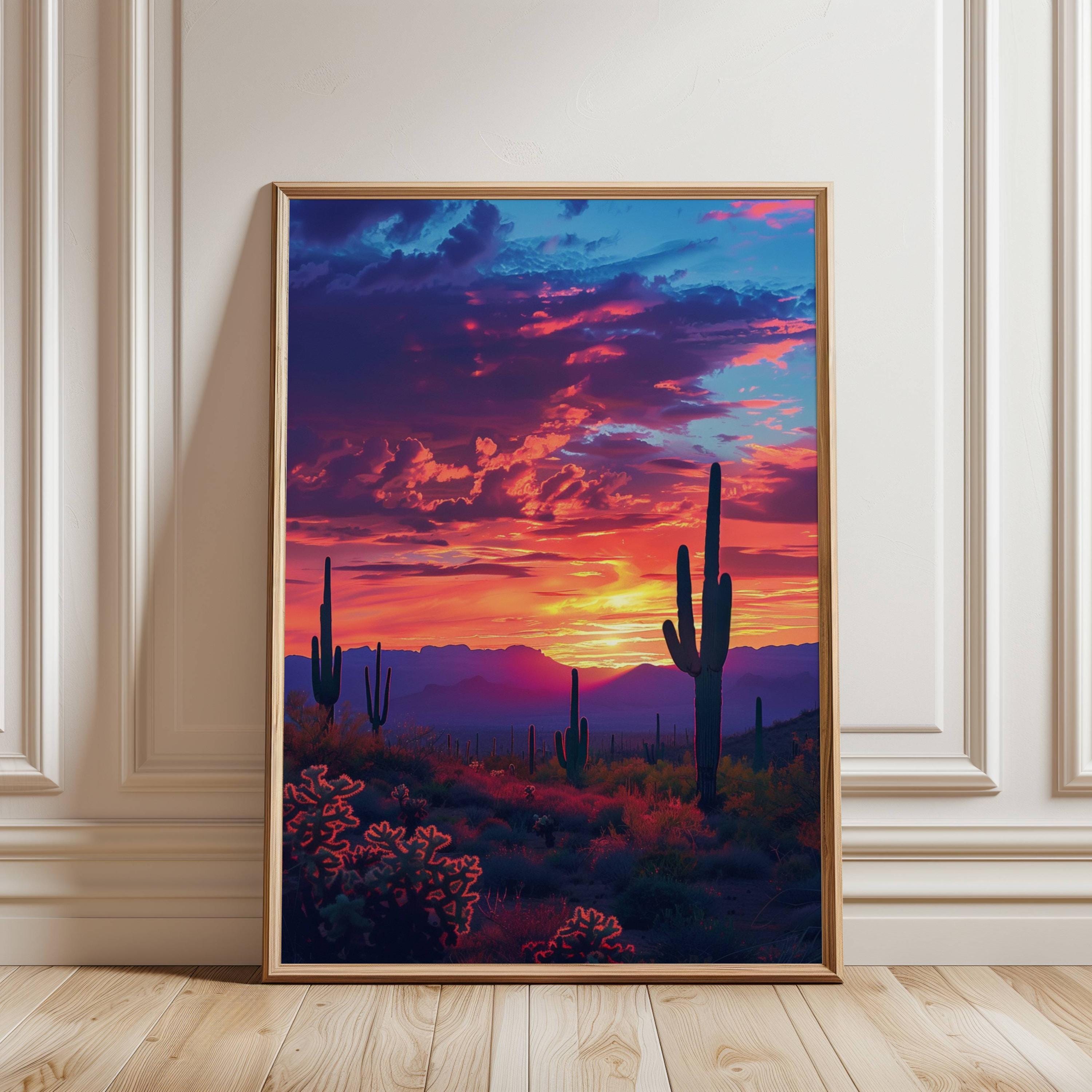 Vibrant Desert Sunset Wall Art Print, Arizona Cactus Landscape ...