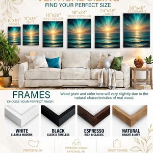 May include: Vertical sizing guide for wall art prints. Displays various sizes, including 8x10 inches, 11x14 inches, 16x20 inches, 18x24 inches, 24x36 inches, and 30x40 inches. Features frame options in white, black, espresso, and natural wood tones. Text reads: "Printed in USA" and "Ready to hang."
