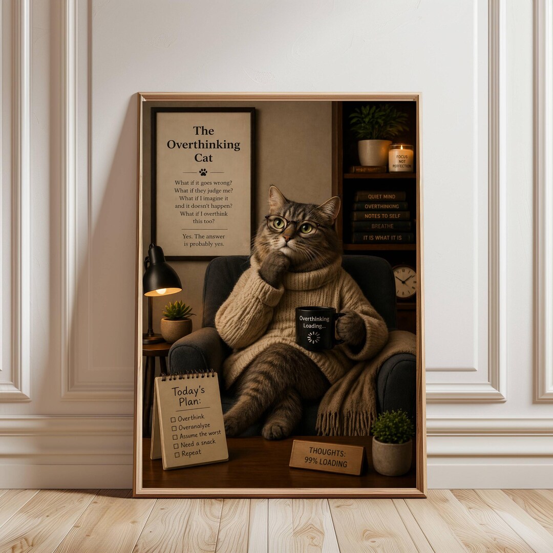 Overthinking Cat Wall Art Print - Funny Tabby Cat Deep Thoughts ...