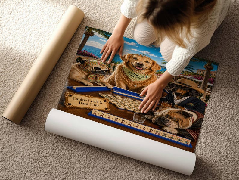 May include: A poster print featuring a humorous illustration of dogs playing mahjong. The artwork includes a pug wearing sunglasses, a golden retriever with a bandana, and a bulldog in a suit. The text "Canine Crack & Bam Club" is visible.