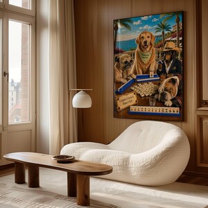 May include: A framed art print depicts dogs playing poker with the text "Canine Crack & Pawn Club". The artwork features a golden retriever, pug, dachshund, and bulldog. The scene is set against a coastal backdrop with palm trees and blue skies.