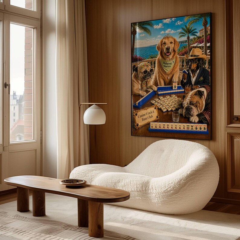 May include: A framed art print depicts dogs playing poker with the text "Canine Crack & Pawn Club". The artwork features a golden retriever, pug, dachshund, and bulldog. The scene is set against a coastal backdrop with palm trees and blue skies.