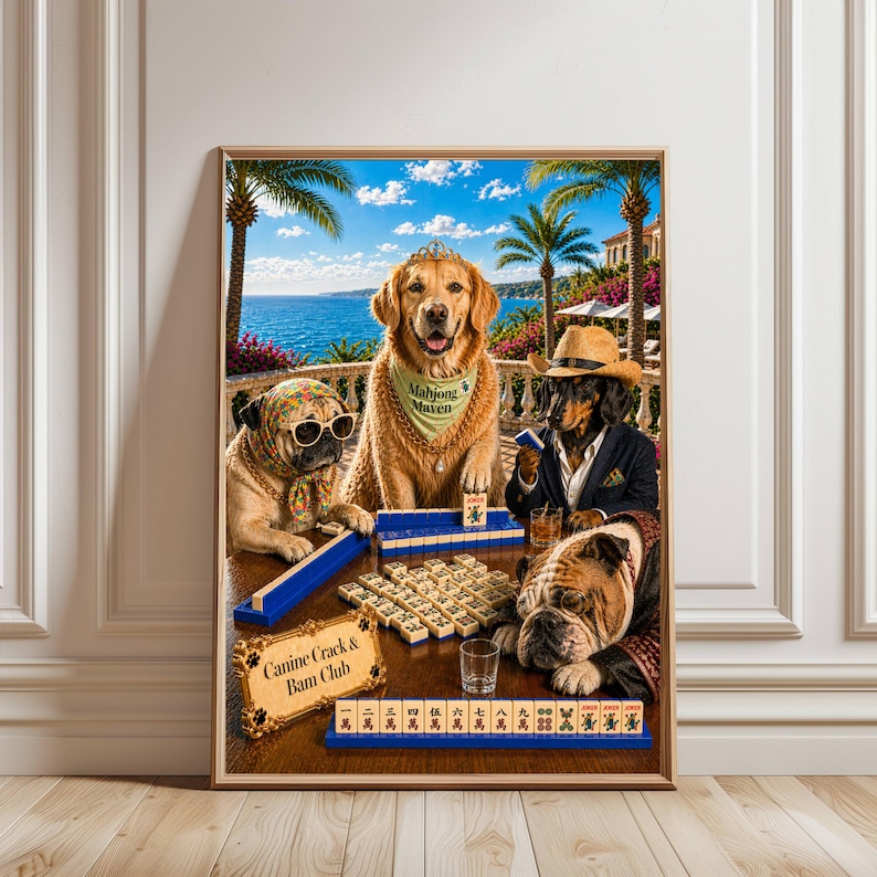 May include: A framed print featuring a humorous scene of dogs playing mahjong. A golden retriever wears a bandana that says "Mahjong Maven." Other dogs include a pug, dachshund, and bulldog. The print is set against a backdrop of a tropical ocean view.