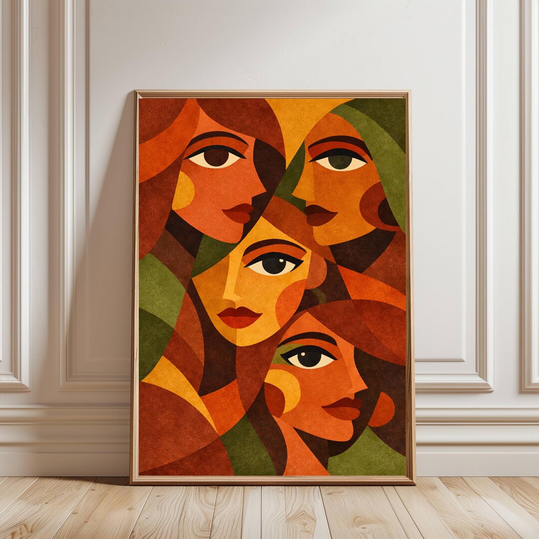 Earth Tone Abstract Faces Wall Art, Green Brown Modern Portrait Print ...