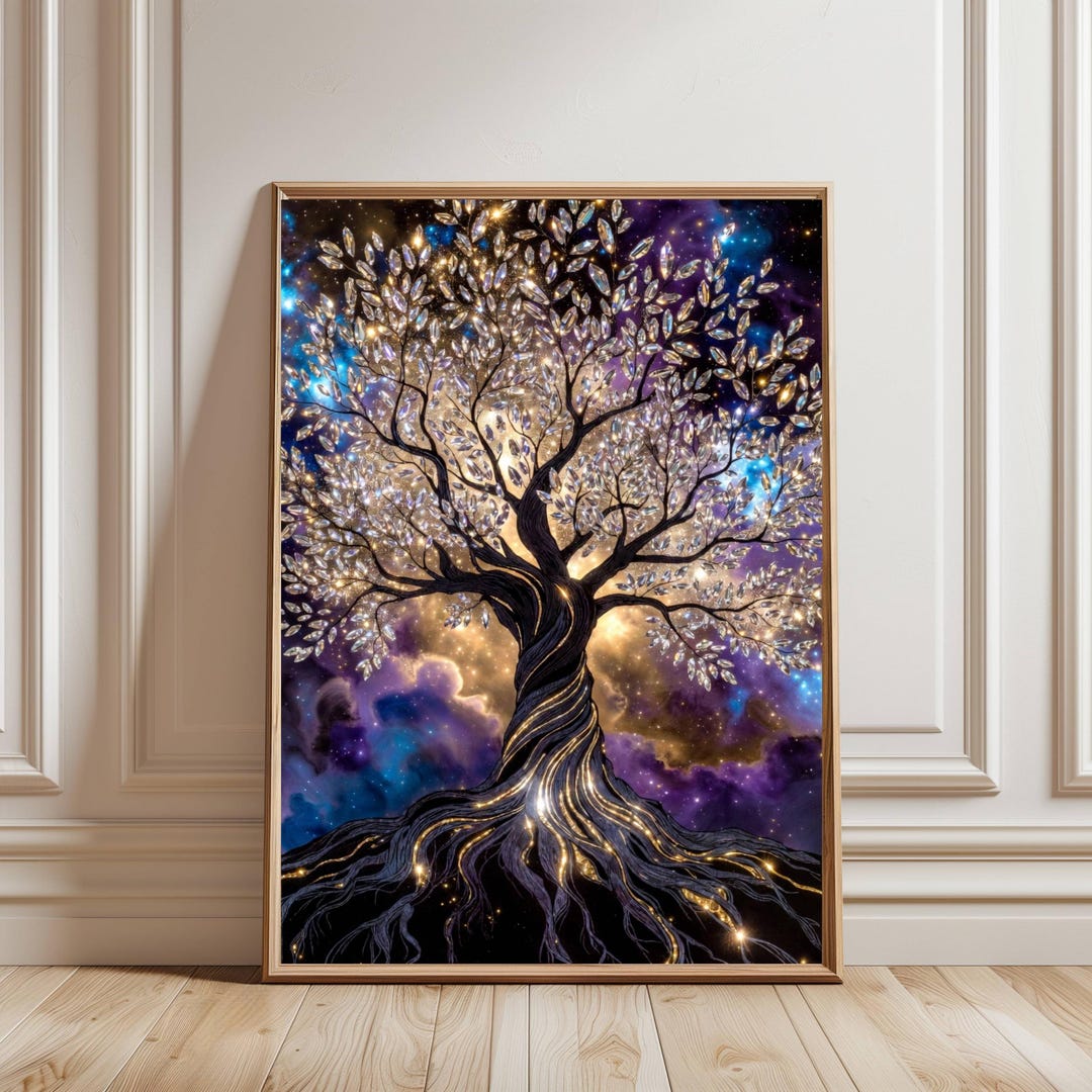 Magical Tree of Life Cosmic Wall Art | Purple Gold Mystical Vertical ...