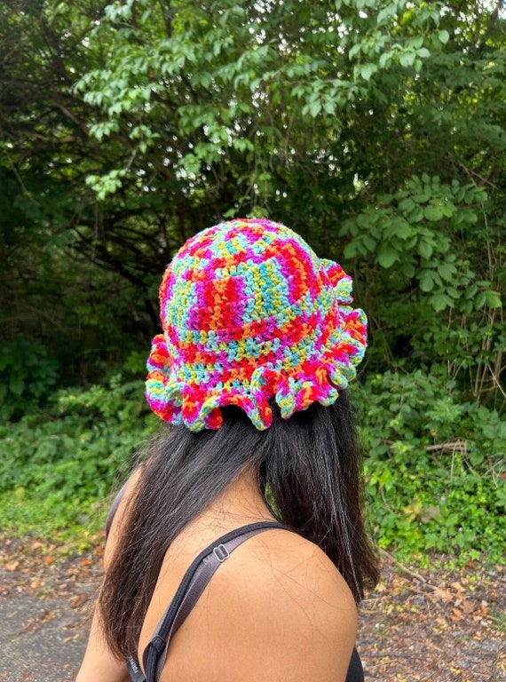 Vibrant Multicolor Crochet Halter Top & Ruffle Hat Crochet Ruffle Hat Rainbow (dramatic) - Etsy main image 4