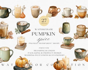 Watercolor Autumn Drinks Clipart – Pumpkin Spice Latte, Cozy Mugs (PNG Files)