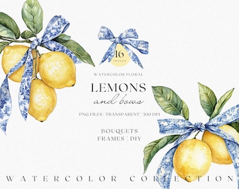 May include: Watercolor illustration of lemons and bows. The image features bright yellow lemons with green leaves, tied with blue and white patterned bows. Text includes "LEMONS and bows" and "16 IMAGES".