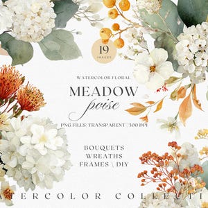 Clipart aquarel wilde bloemenboeket – elegante neutrale png-set voor op de natuur geïnspireerde ontwerpen