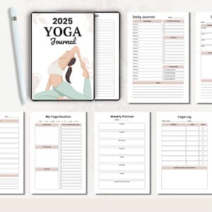 May include: A printable yoga journal with a cover featuring a woman in a yoga pose. The journal includes pages for daily journaling, weekly planning, a yoga routine, and a yoga log.
