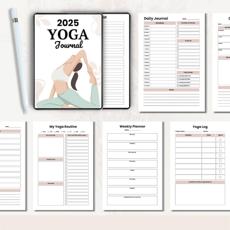May include: A printable yoga journal with a cover featuring a woman in a yoga pose. The journal includes pages for daily journaling, weekly planning, a yoga routine, and a yoga log.