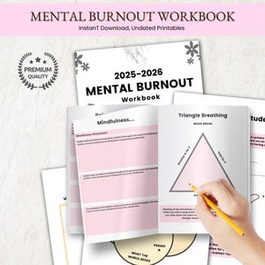 Puede incluir: Un cuaderno rosa y blanco titulado "2025-2026 Mental Burnout Workbook" con las palabras "Mindfulness Worksheet" y "Triangle Breathing" visibles. El cuaderno est&aacute; abierto en una p&aacute;gina con un diagrama triangular e instrucciones para un ejercicio de respiraci&oacute;n.