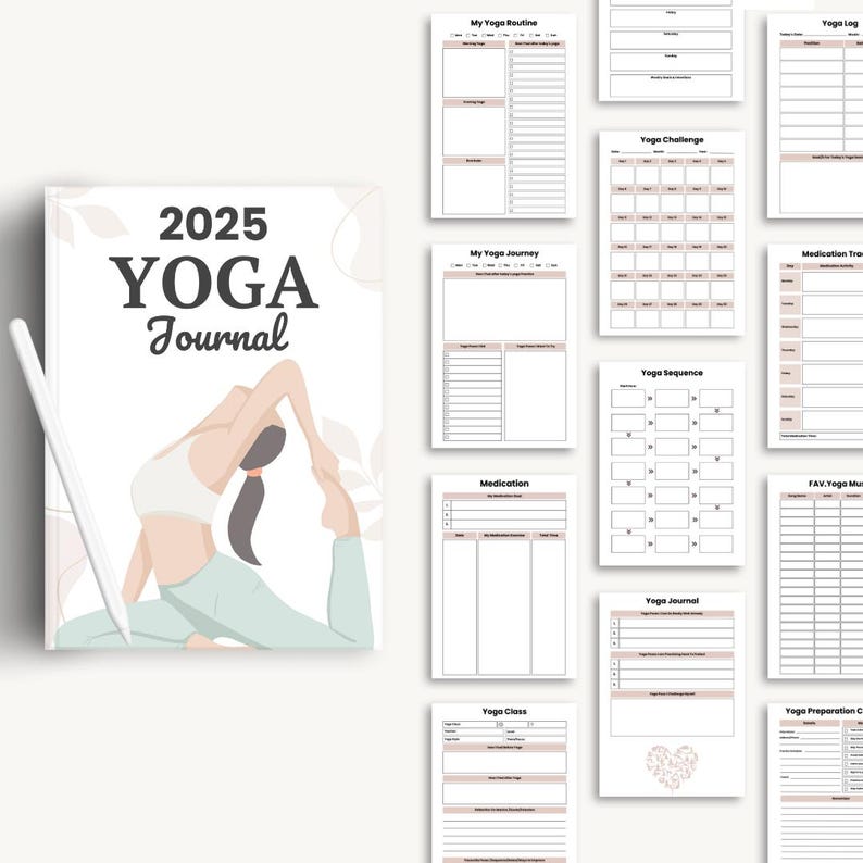 May include: A printable 2025 Yoga Journal with a cover featuring a woman in a yoga pose. The journal includes pages for tracking yoga routines, challenges, sequences, classes, and more.