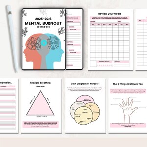 Puede incluir: Un cuaderno de trabajo titulado "2025-2026 Mental Burnout Workbook" con una ilustraci&oacute;n rosa y azul de una cabeza con l&iacute;neas enredadas. El cuaderno de trabajo incluye p&aacute;ginas para establecer objetivos, gratitud y ejercicios de respiraci&oacute;n.
