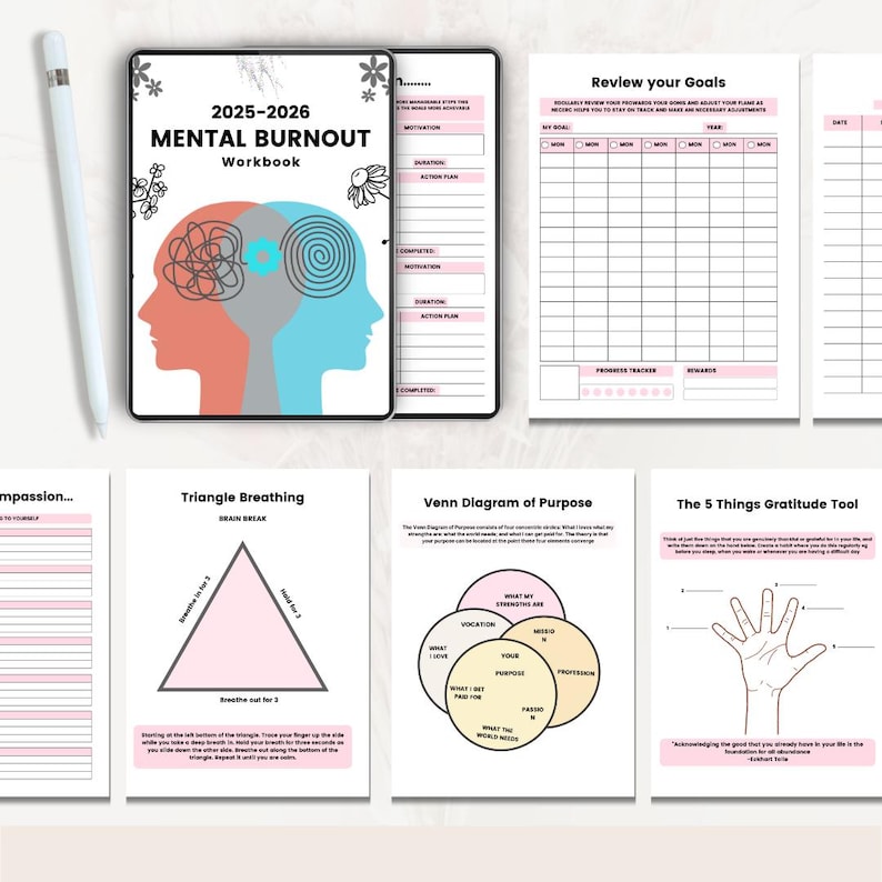 Puede incluir: Un cuaderno de trabajo titulado "2025-2026 Mental Burnout Workbook" con una ilustraci&oacute;n rosa y azul de una cabeza con l&iacute;neas enredadas. El cuaderno de trabajo incluye p&aacute;ginas para establecer objetivos, gratitud y ejercicios de respiraci&oacute;n.