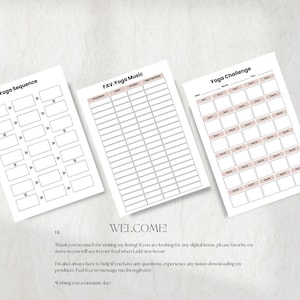 May include: Printable yoga planner with three sections: Yoga Sequence, FAV. Yoga Music, and Yoga Challenge. Each section has a grid with blank boxes for users to fill in.