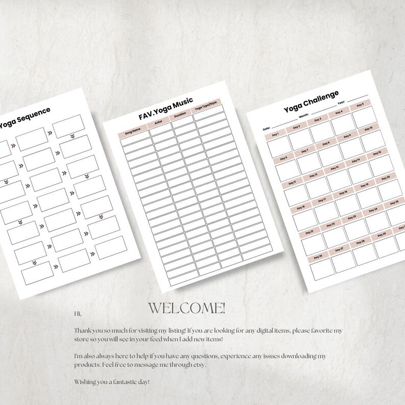 May include: Printable yoga planner with three sections: Yoga Sequence, FAV. Yoga Music, and Yoga Challenge. Each section has a grid with blank boxes for users to fill in.