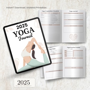 May include: A digital printable yoga journal with a cover featuring a woman in a yoga pose. The journal includes a yoga preparation checklist, yoga journal, yoga class log, and a yoga practice tracker. The journal is undated and can be used for any year.