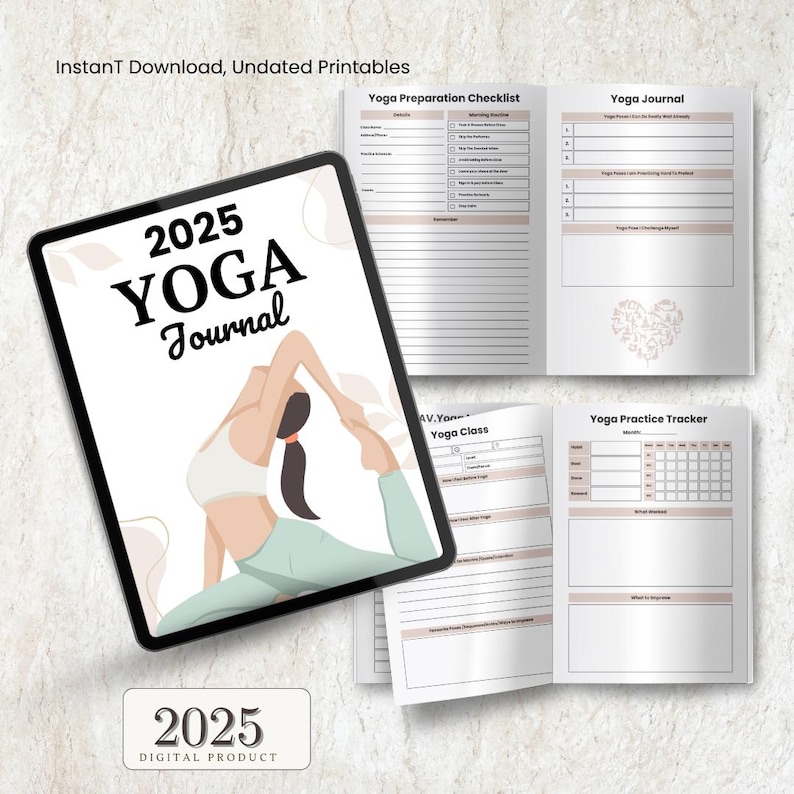 May include: A digital printable yoga journal with a cover featuring a woman in a yoga pose. The journal includes a yoga preparation checklist, yoga journal, yoga class log, and a yoga practice tracker. The journal is undated and can be used for any year.