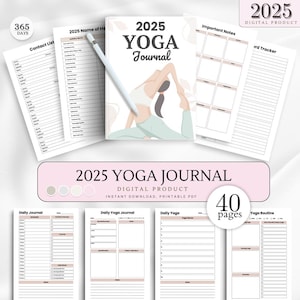 Könnte beinhalten: Ein druckbares 40-seitiges Yoga-Tagebuch mit einem rosa-weißen Farbschema. Das Cover zeigt eine stilisierte Illustration einer Frau, die Yoga macht, mit dem Text "2025 Yoga Journal".