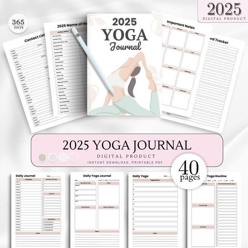 May include: A printable 40-page yoga journal with a pink and white color scheme. The cover features a stylized illustration of a woman doing yoga with the text "2025 Yoga Journal".