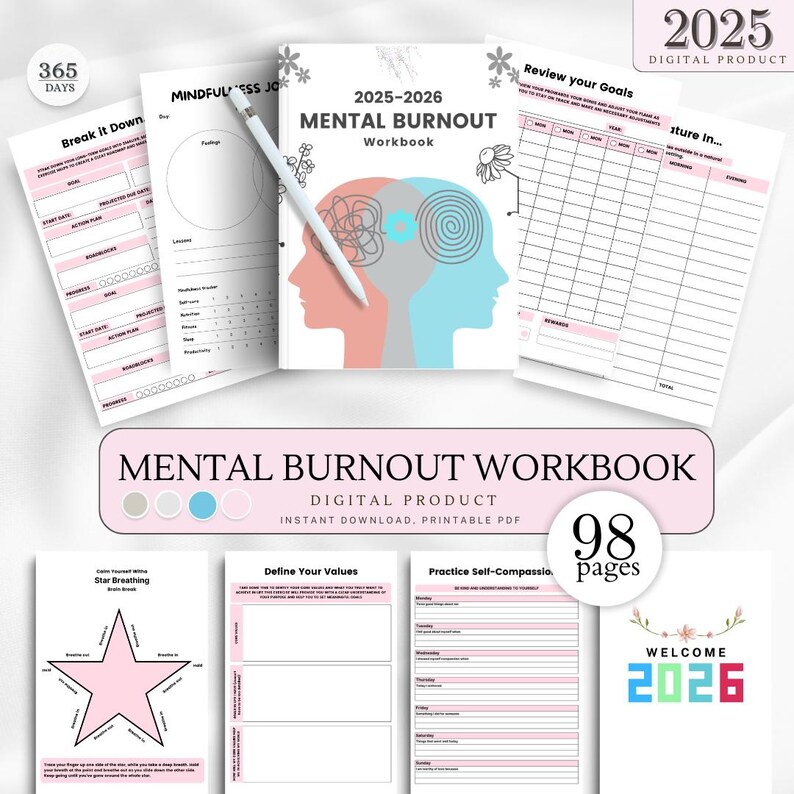 Puede incluir: Un cuaderno de trabajo rosa y azul con el t&iacute;tulo "Mental Burnout Workbook" y el texto "2025-2026" y "98 p&aacute;ginas". El cuaderno est&aacute; dise&ntilde;ado para ayudar a las personas a gestionar el agotamiento mental. Incluye secciones sobre mindfulness, establecimiento de objetivos, autocompasi&oacute;n y respiraci&oacute;n estelar.