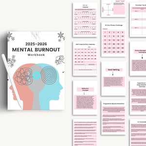Puede incluir: Un libro de trabajo titulado "2025-2026 Mental Burnout Workbook" con una ilustraci&oacute;n rosa y azul de dos cabezas con pensamientos enredados. El libro de trabajo incluye secciones sobre el cuidado personal, el establecimiento de objetivos, la gesti&oacute;n del estr&eacute;s y m&aacute;s.