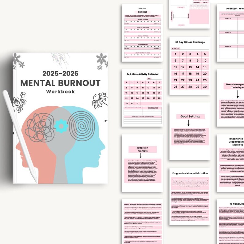 Puede incluir: Un libro de trabajo titulado "2025-2026 Mental Burnout Workbook" con una ilustraci&oacute;n rosa y azul de dos cabezas con pensamientos enredados. El libro de trabajo incluye secciones sobre el cuidado personal, el establecimiento de objetivos, la gesti&oacute;n del estr&eacute;s y m&aacute;s.
