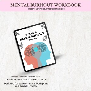 Puede incluir: Una tableta digital que muestra un libro de trabajo imprimible titulado "2025-2026 Mental Burnout Workbook". La portada presenta una ilustraci&oacute;n estilizada de dos cabezas con l&iacute;neas en espiral en su interior, que representan el agotamiento mental. El texto "Descarga instant&aacute;nea, PDF imprimible" se muestra debajo de la tableta.